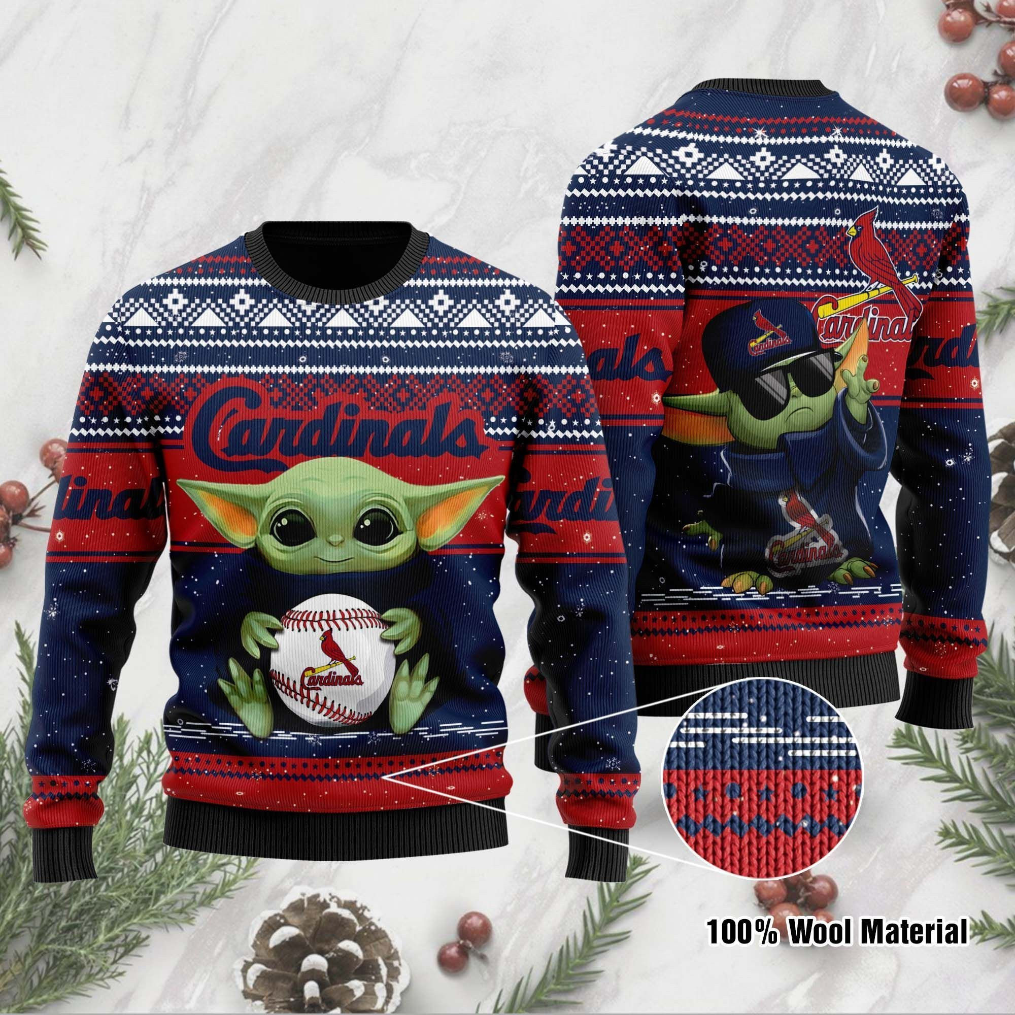St Louis Cardinals Grogu Baby Yoda Hug Logo Ugly Christmas Sweater Adult 3D Funny Matching for family