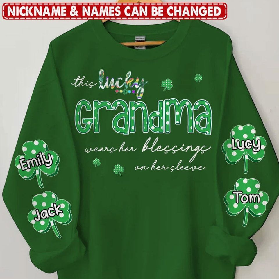 St Patrick's Day, Polka Dot This Lucky Grandma Mom Wears Her Blessing Shamrock Kids On Her Sleeve Personalized 3D Sweatshirt