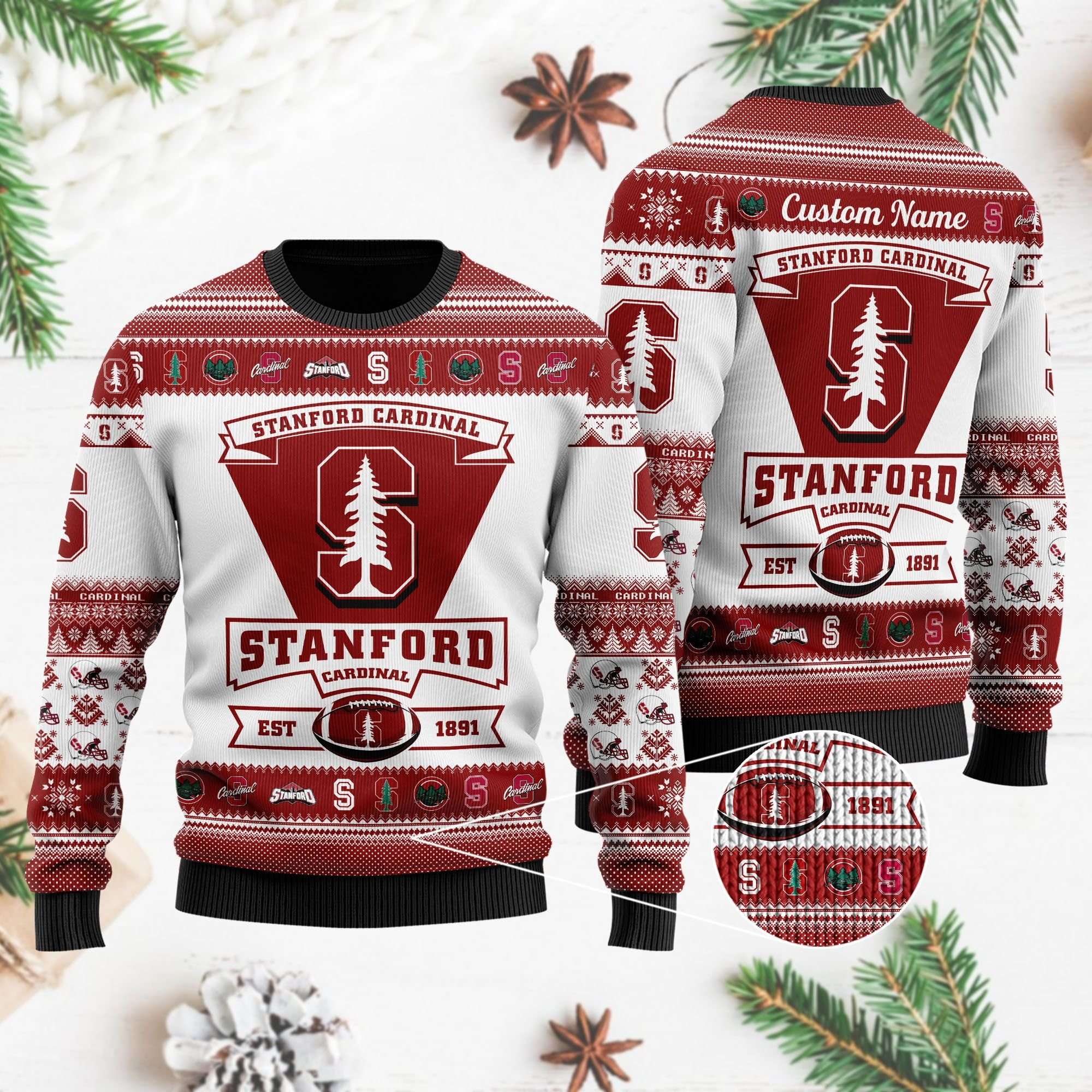 Stanford Cardinal Football Team Logo Custom Name Personalized Ugly Christmas Sweater Adult 3D Funny Matching for family - Image 4