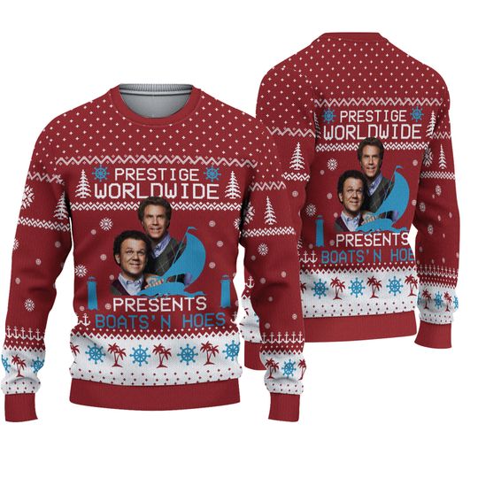 Step Brothers Ugly Christmas Sweater, Prestige Worldwide Boat N Hoes Sweatshirt - Image 2