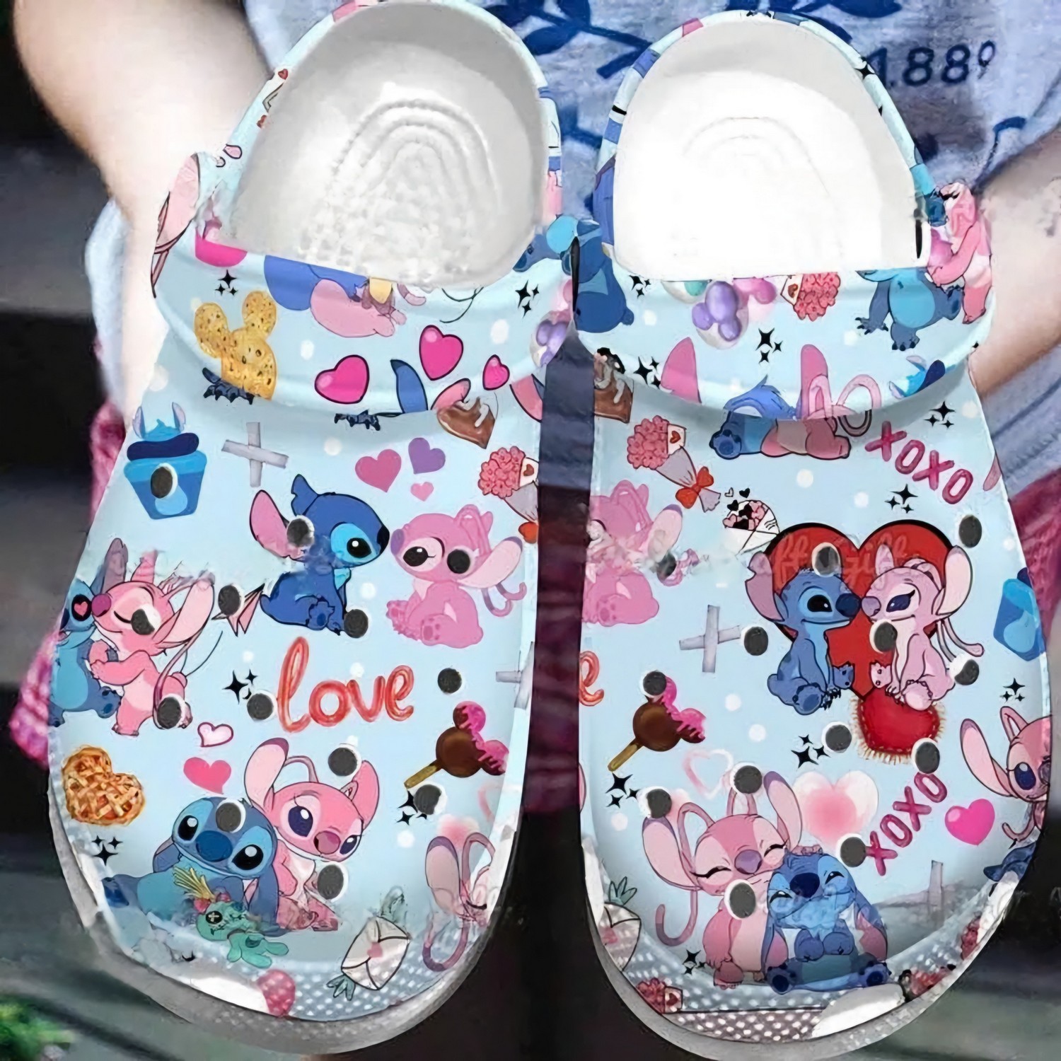 Stitch And Angel Cartoon Crocs Crocband Clogs Shoes Comfortable For Men Women and Kids