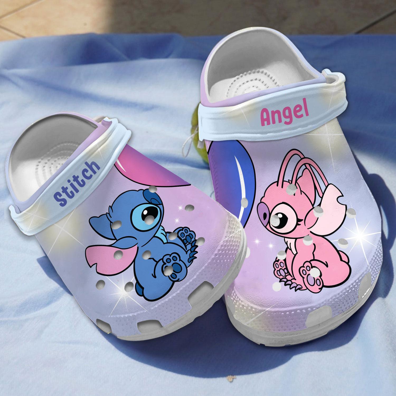 Stitch And Angel Cartoon Crocs Crocband Clogs Shoes Comfortable For Men Women and Kids