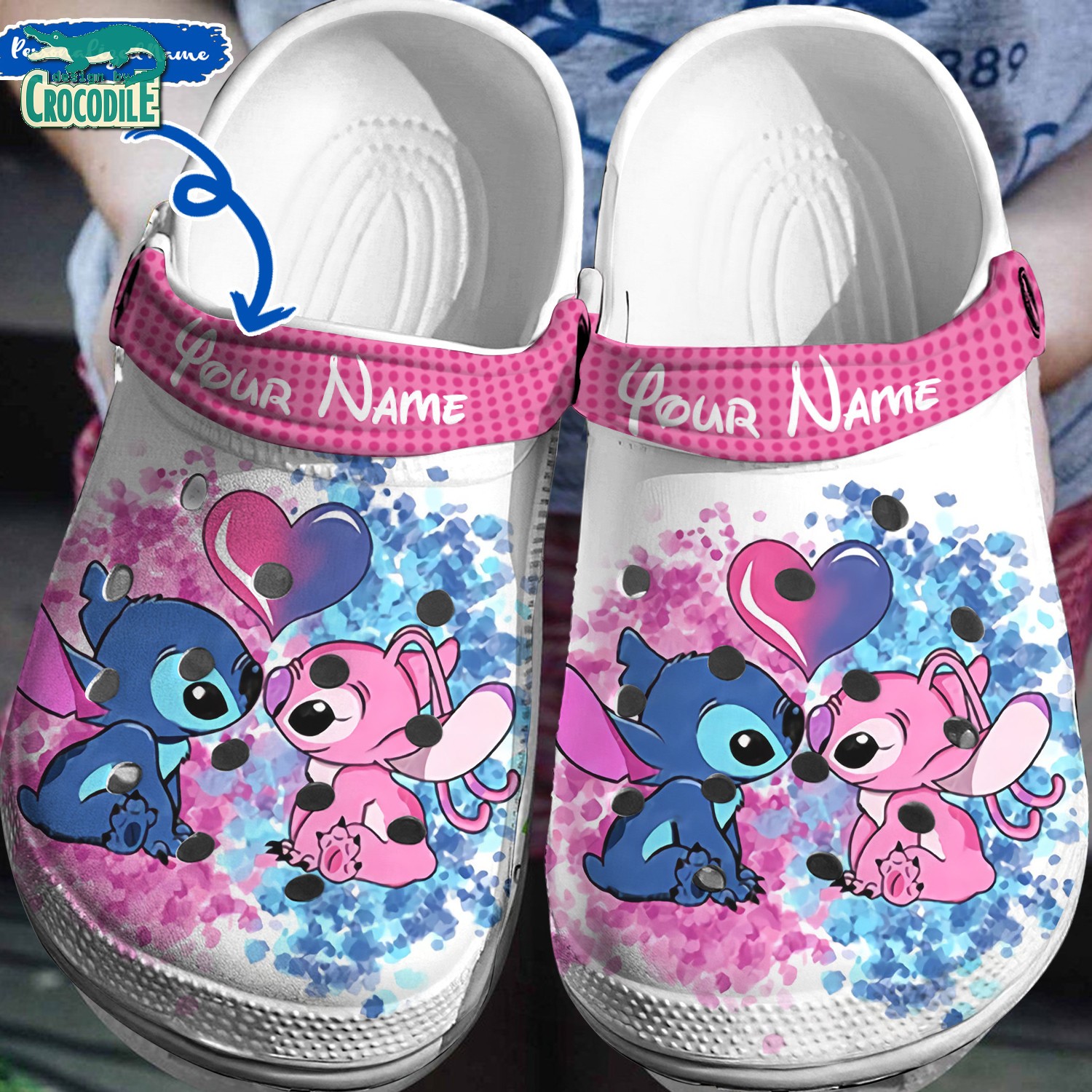 Stitch And Angel Cartoon Crocs Crocband Clogs Shoes Comfortable For Men Women and Kids