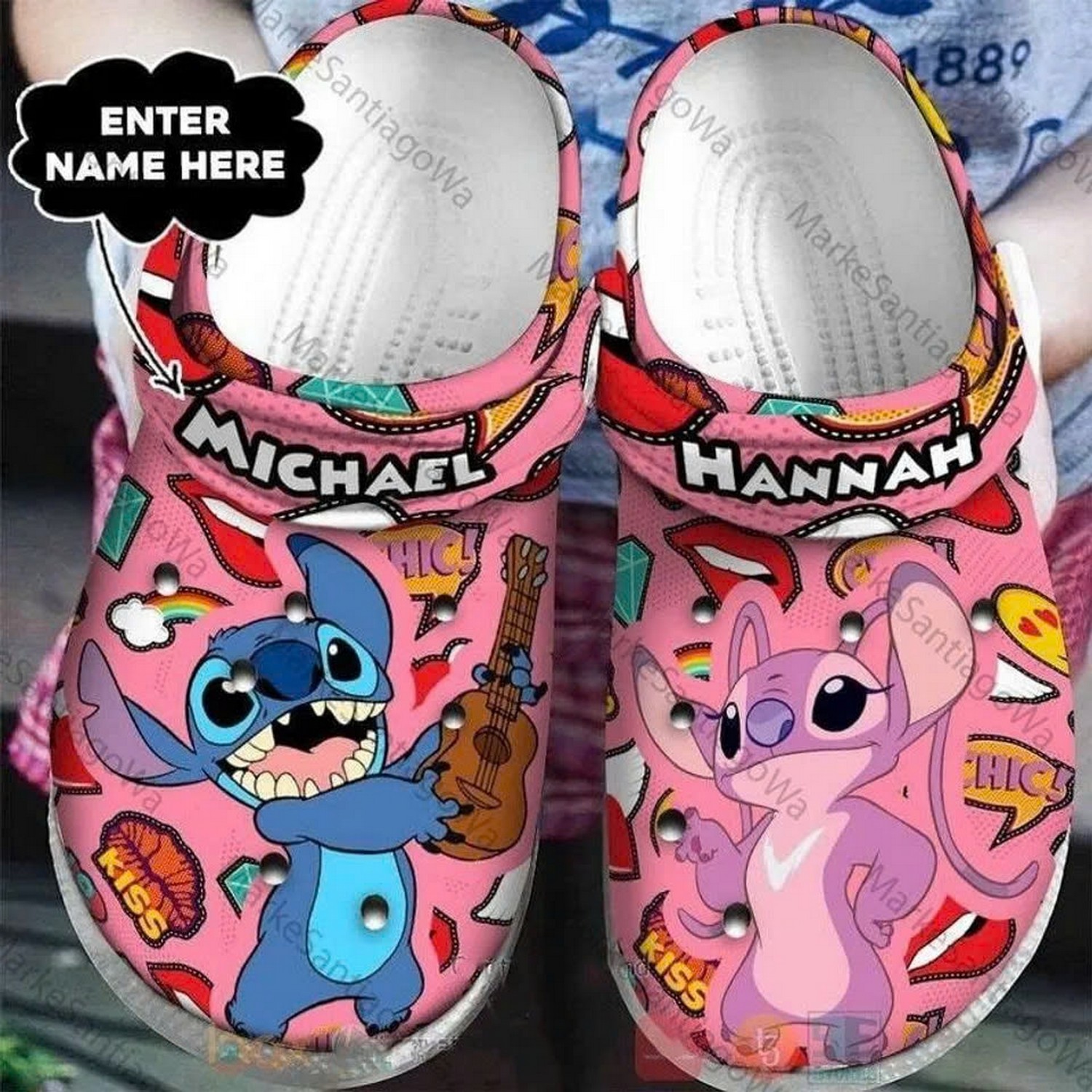 Stitch And Angel Cartoon Crocs Crocband Clogs Shoes Comfortable For Men Women and Kids