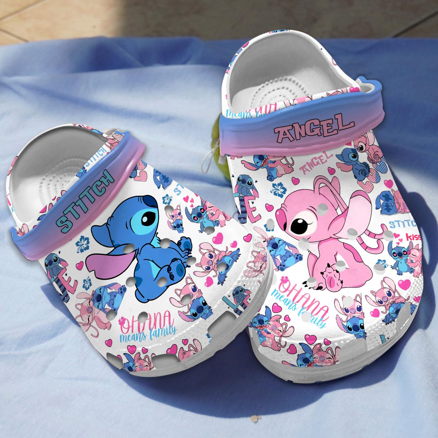 Stitch And Angel Cartoon Crocs Crocband Clogs Shoes Comfortable For Men Women and Kids