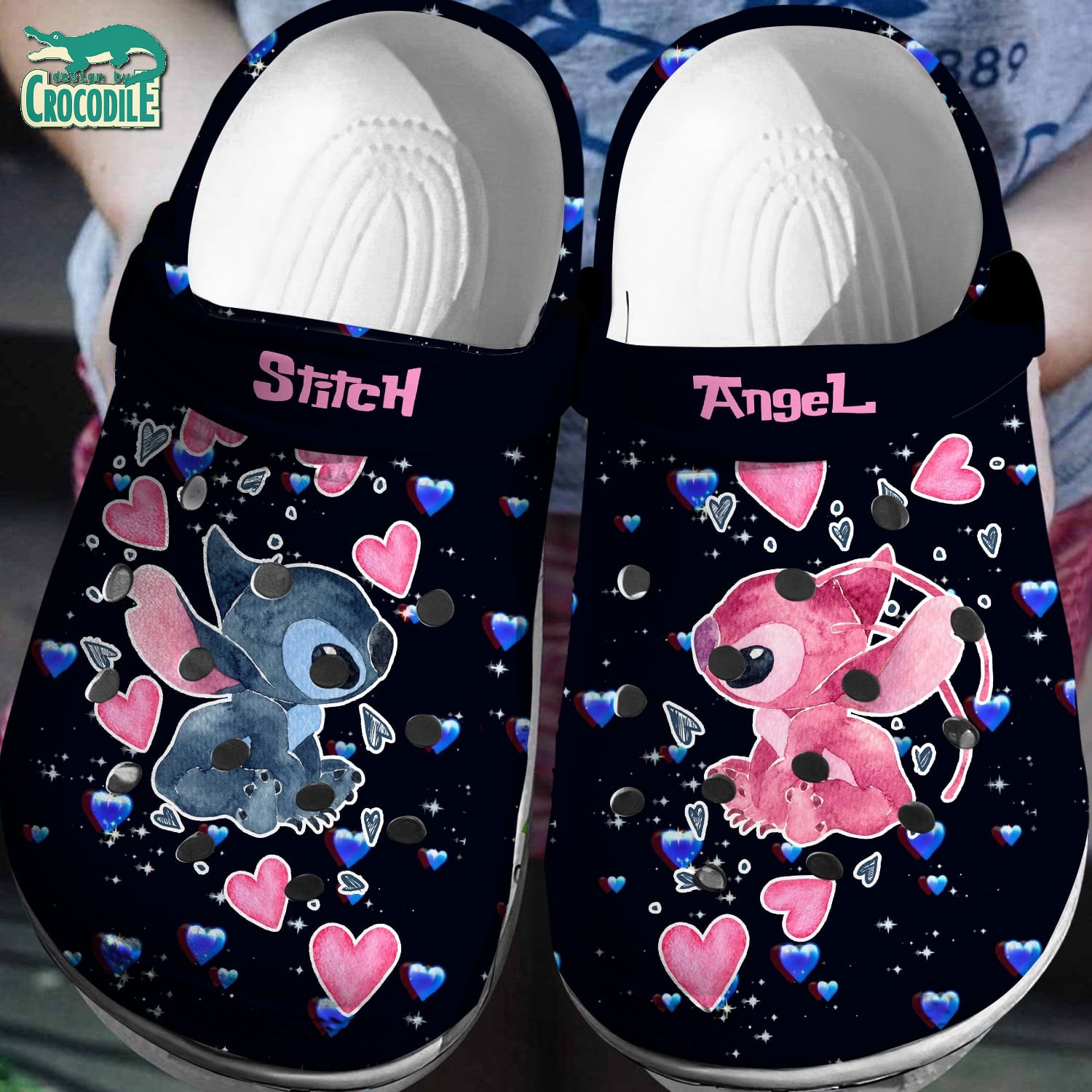 Stitch And Angel Cartoon Crocs Crocband Clogs Shoes Comfortable For Men Women and Kids