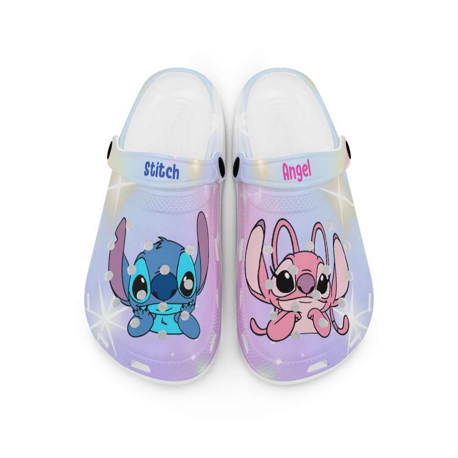 Stitch And Angel Cartoon Crocs Crocband Clogs Shoes Comfortable For Men Women and Kids
