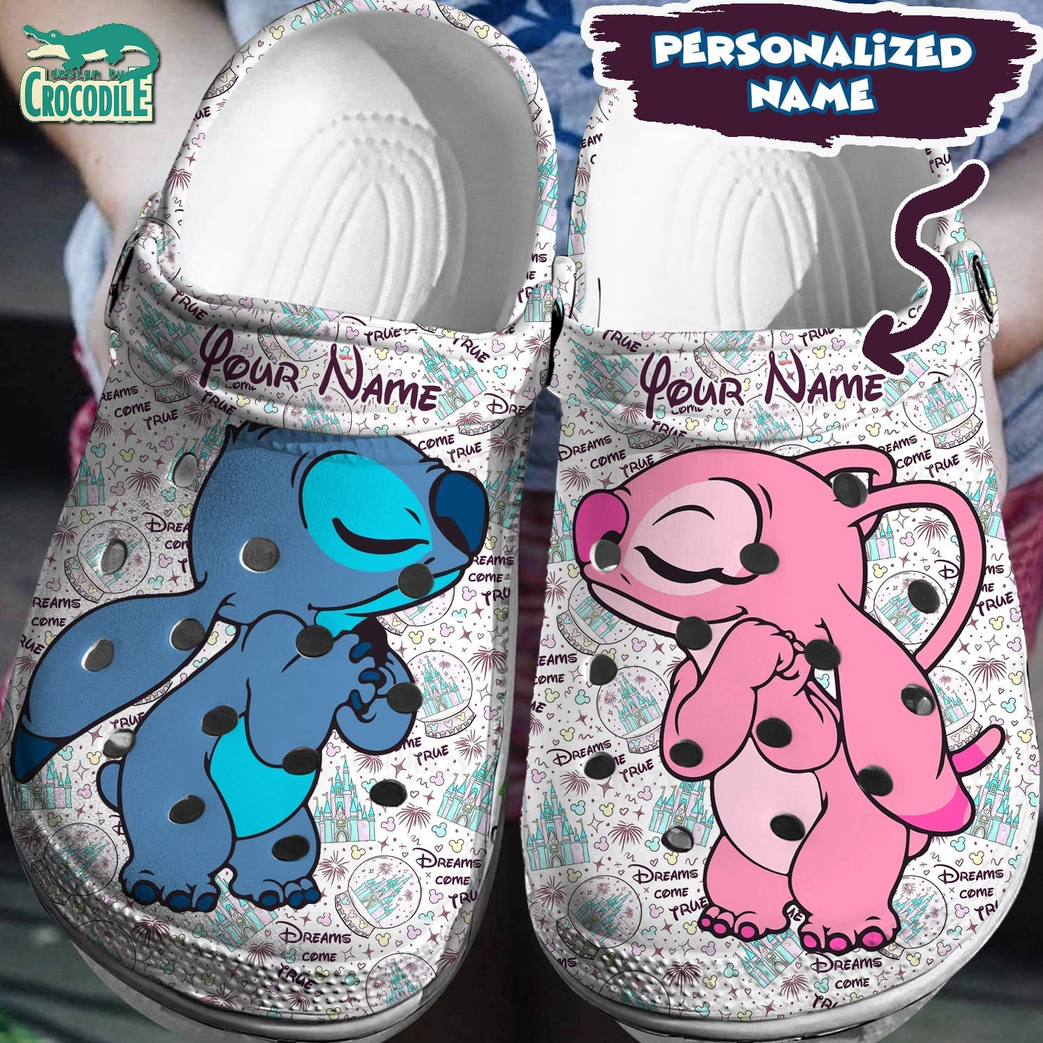 Stitch And Angel Cartoon Crocs Crocband Clogs Shoes Comfortable For Men Women and Kids