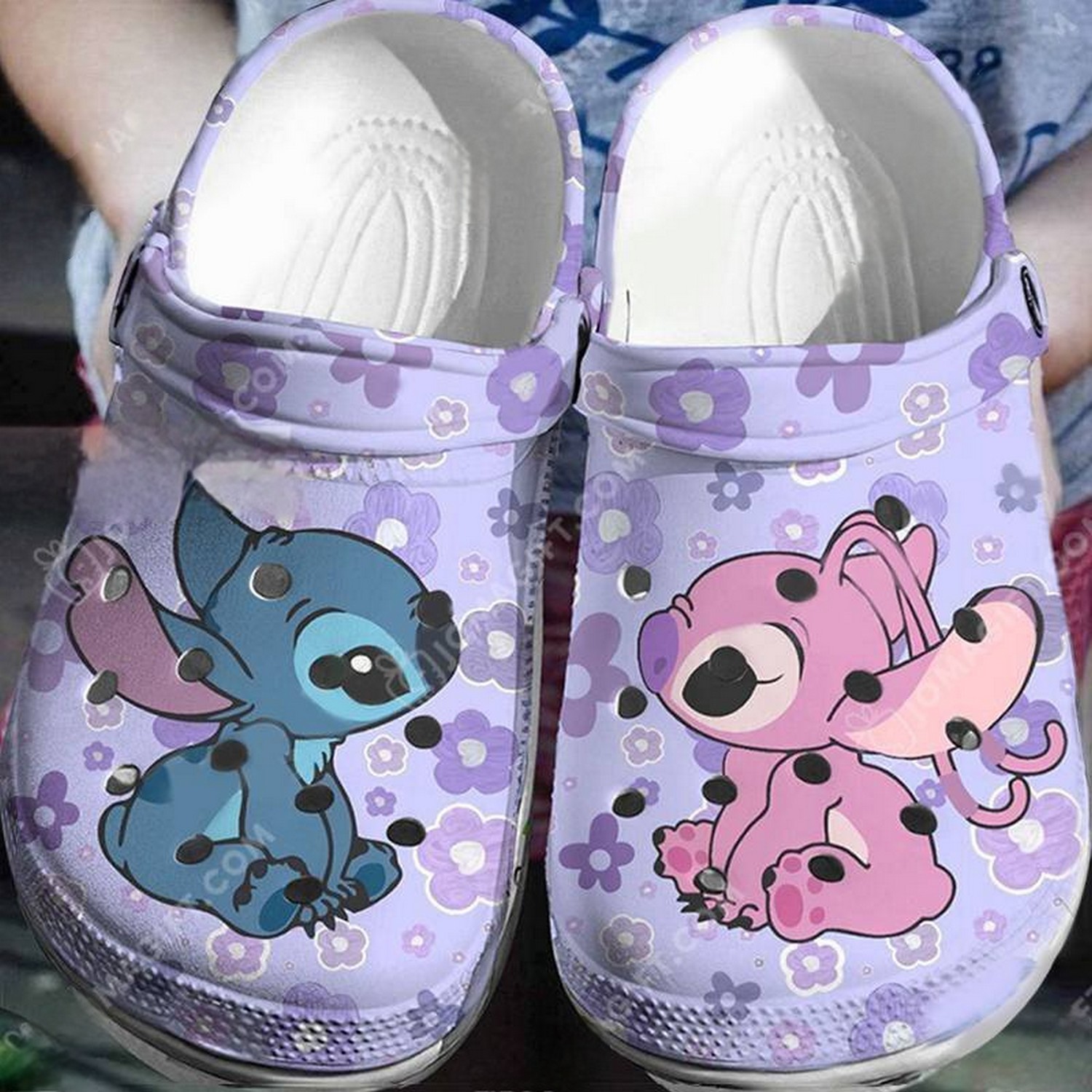 Stitch And Angel Cartoon Crocs Crocband Clogs Shoes Comfortable For Men Women and Kids