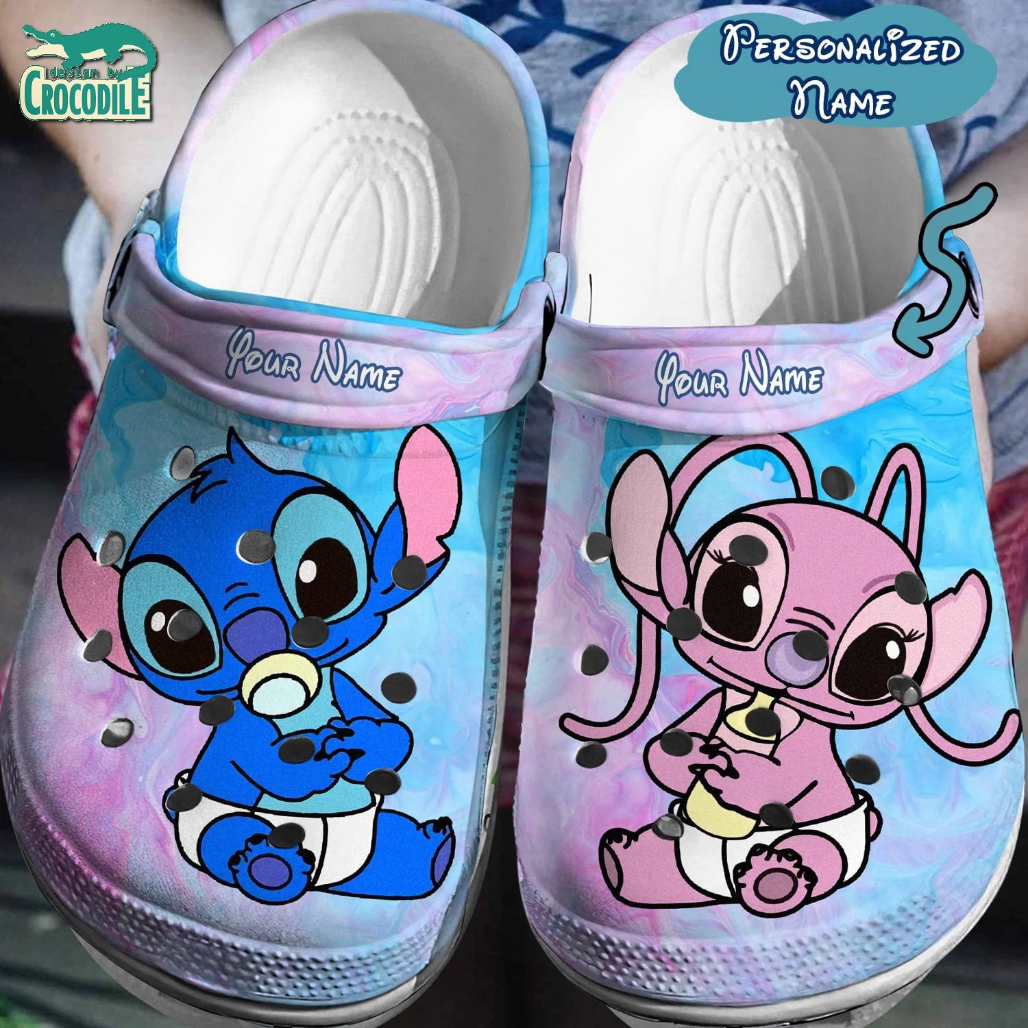 Stitch And Angel Cartoon Crocs Crocband Clogs Shoes Comfortable For Men Women and Kids