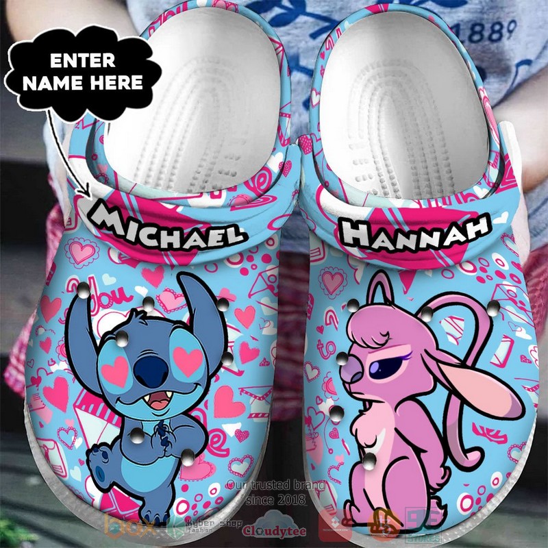 Stitch And Angel Cartoon Valentine Crocs Crocband Clogs Shoes Comfortable For Men Women and Kids