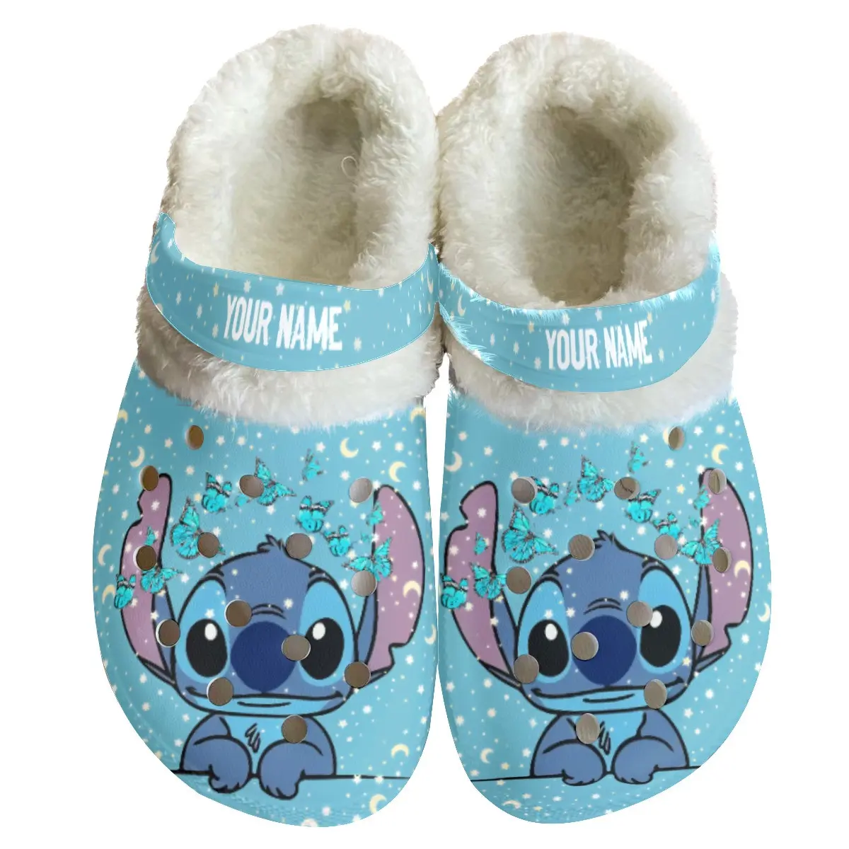Stitch Cartoon Crocs Crocband Fleece Lined Clogs Shoes Comfortable For Men Women and Kids In Winter