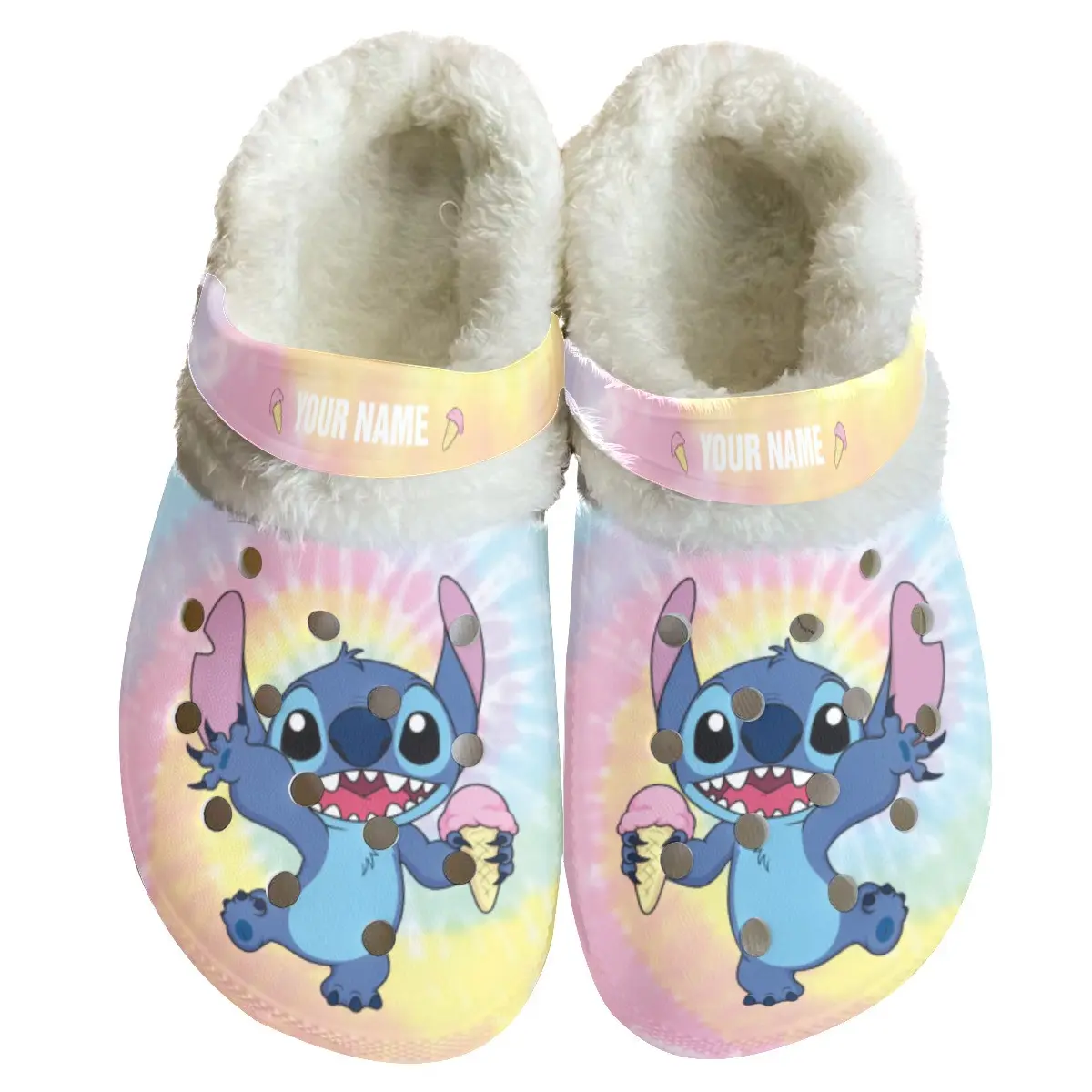 Stitch Cartoon Crocs Crocband Fleece Lined Clogs Shoes Comfortable For Men Women and Kids In Winter