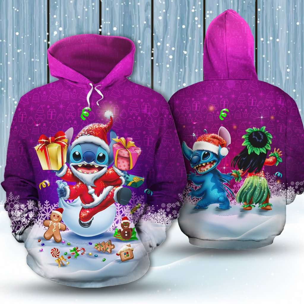 Stitch Lilo Santa Clause Purple 3D All Over Print Hoodie, Zip Hoodie