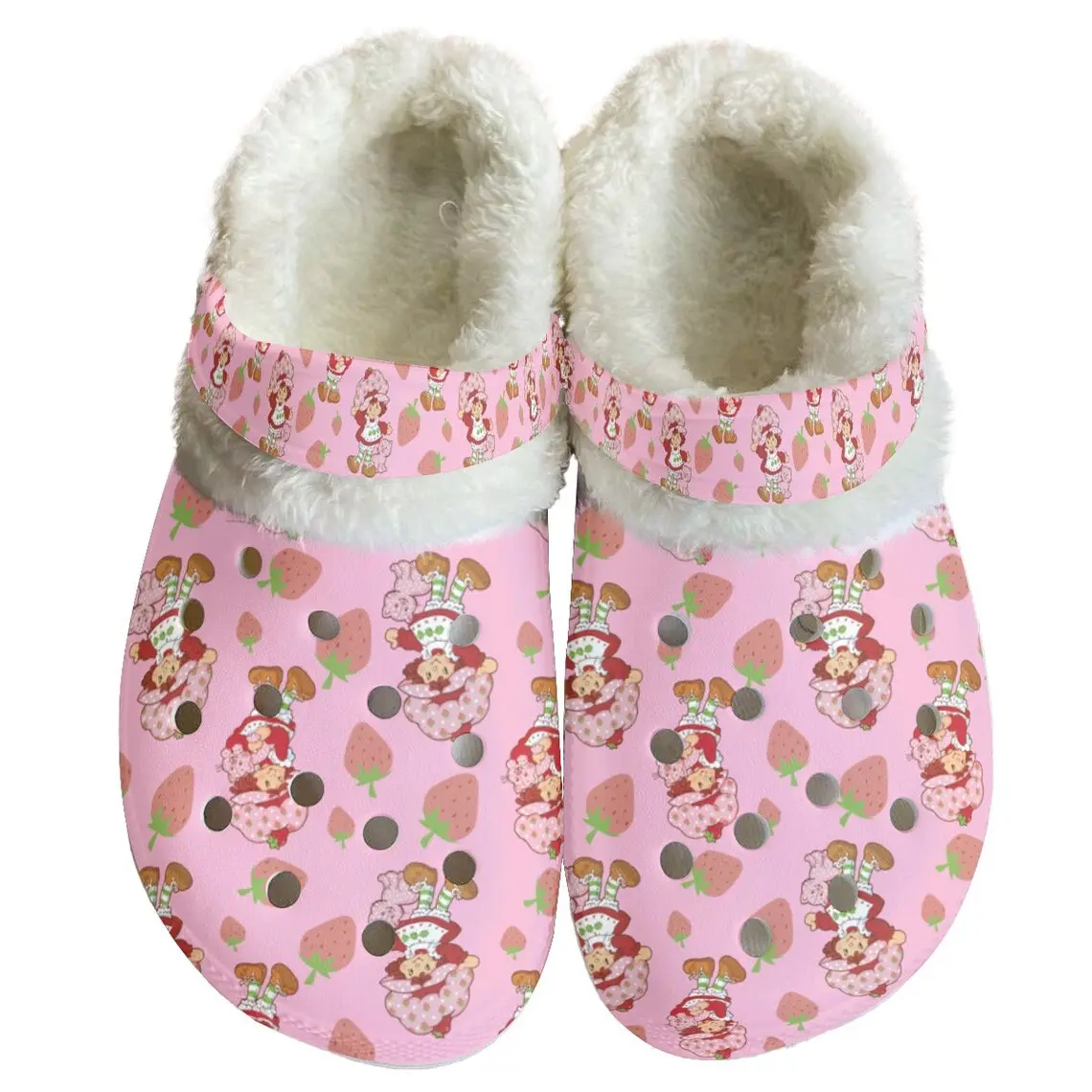 Strawberry Shortcake Cartoon Crocs Crocband Fleece Lined Clogs Shoes Comfortable For Men Women and Kids In Winter