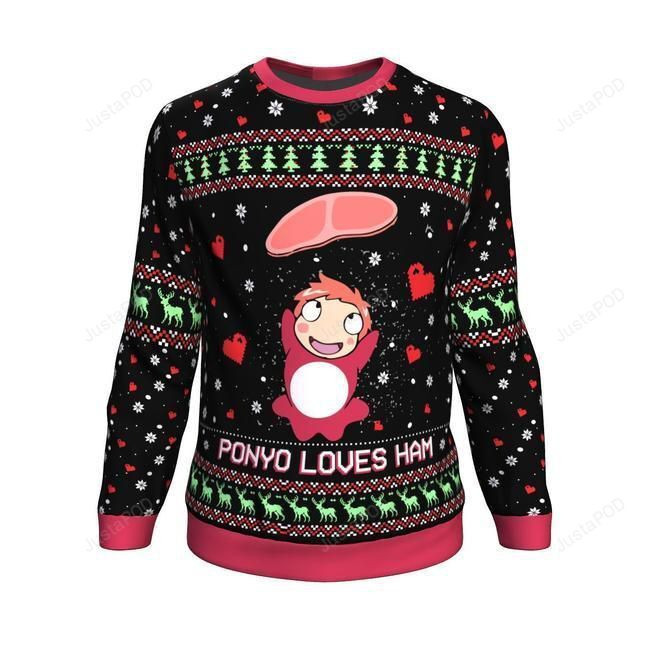 Studio Ghibli Ponyo Loves Ham Miyazaki Ugly Christmas Sweater Adult 3D Funny Matching for family