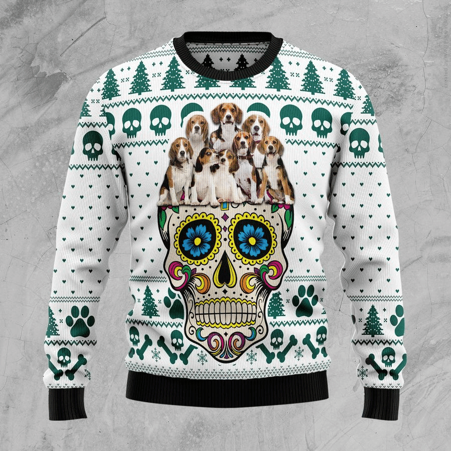 Sugar Skull Beagles Dog Ugly Christmas Sweater Adult 3D Funny Matching for family