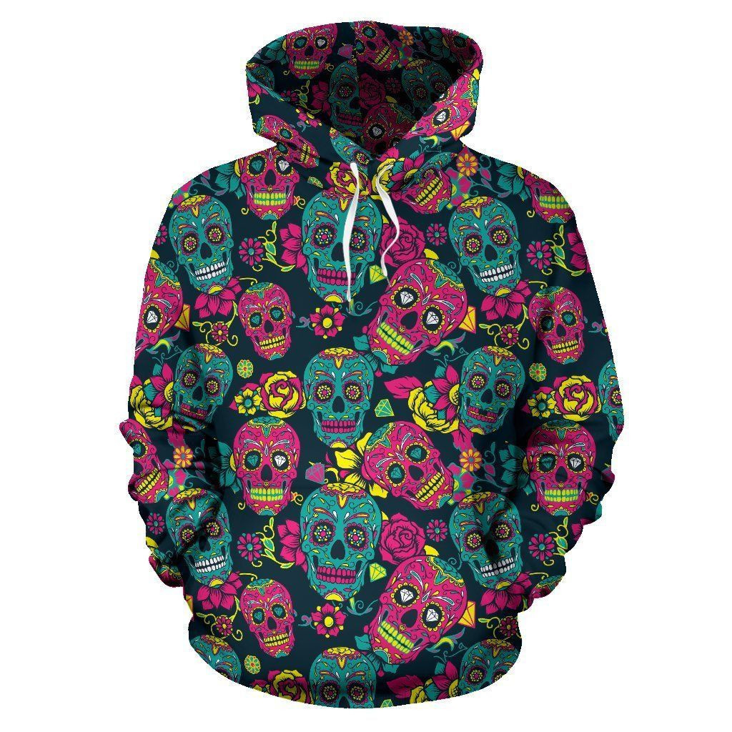 Sugar Skull Floral Design Themed Print 3D All Over Print Hoodie, Zip Hoodie