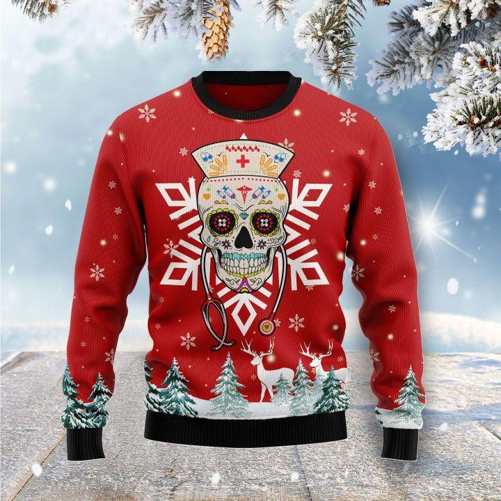 Sugar Skull Nurse Ugly Christmas Sweater Adult 3D Funny Matching for family