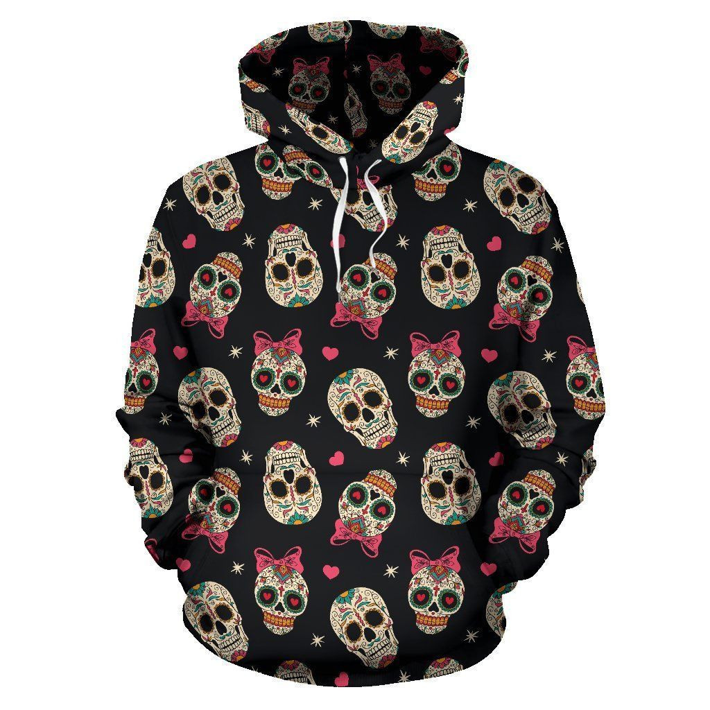 Sugar Skull Pink Bow Themed Print 3D All Over Print Hoodie, Zip Hoodie