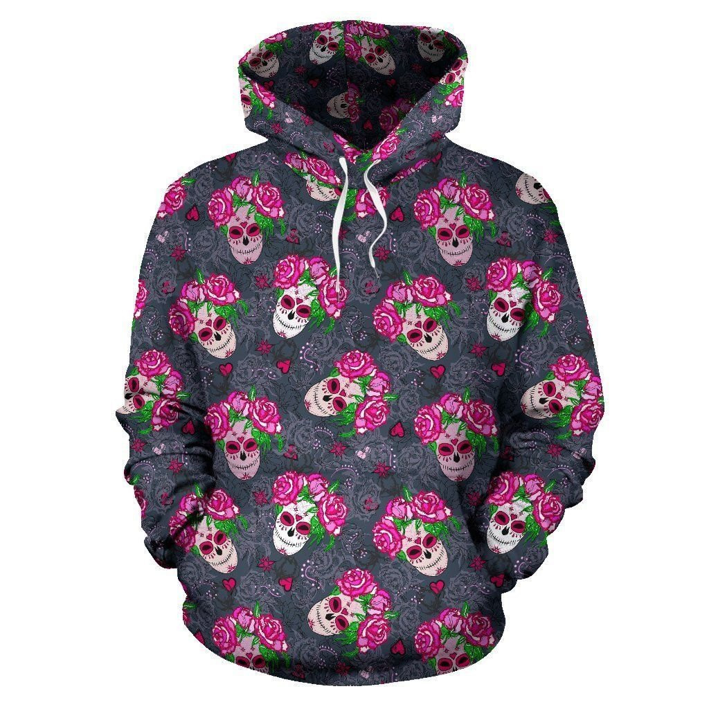 Sugar Skull Pink Rose Themed Print 3D All Over Print Hoodie, Zip Hoodie