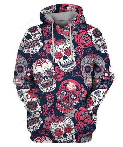 Sugar Skull With Floral 3D All Over Print Hoodie, Zip Hoodie