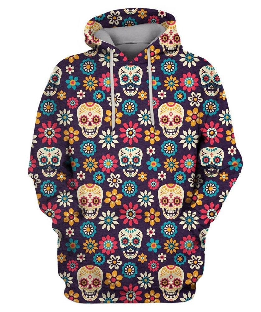 SUGAR SKULLS AND FLOWERS ON DARK 3D All Over Print Hoodie, Zip Hoodie