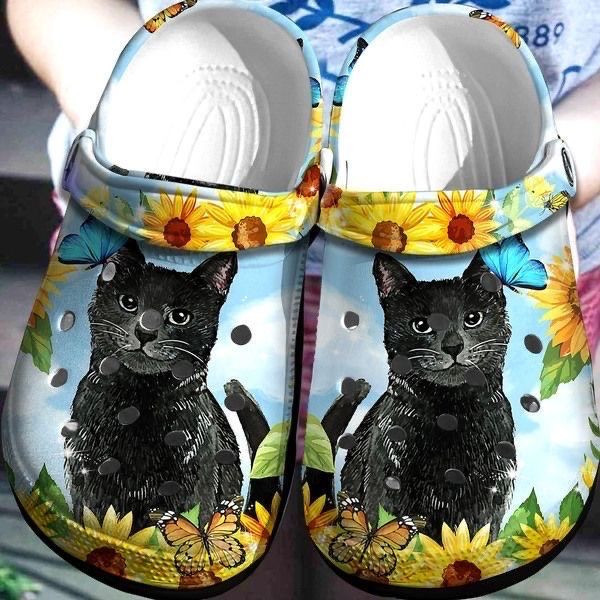 Sunflower And Black Cat Shoes - Cute Animal Crocbland Clog Birthday Gift For Man Woman