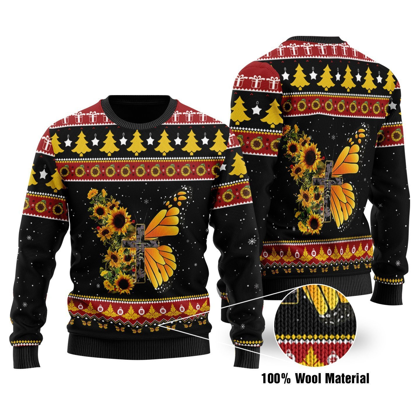 Sunflower Butterfly Ugly Christmas Sweater Adult 3D Funny Matching for family