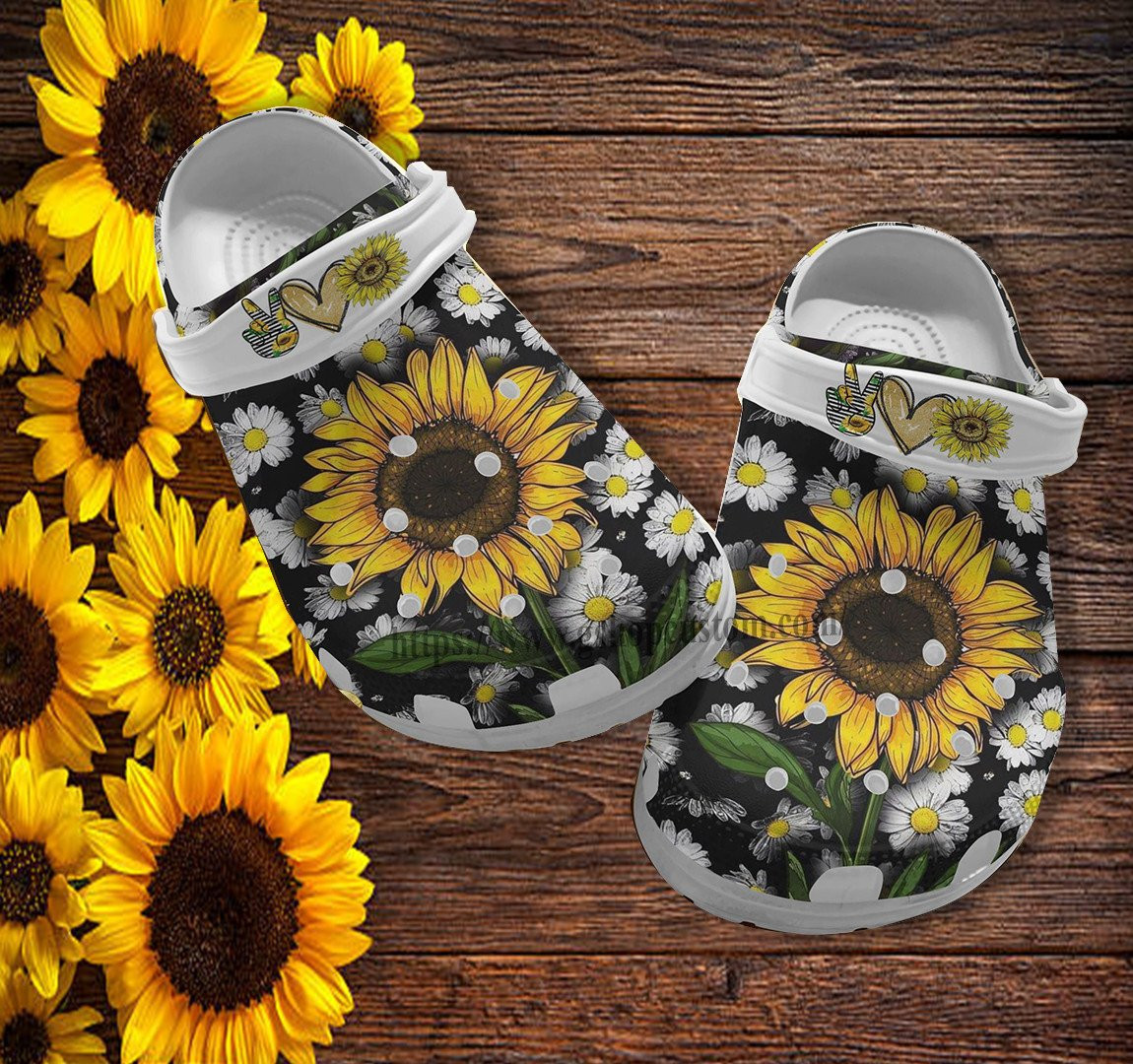Sunflower Daisy Peace Croc Shoes - Peace Love Sunflower Shoes Croc Clogs Gift Grandaughter