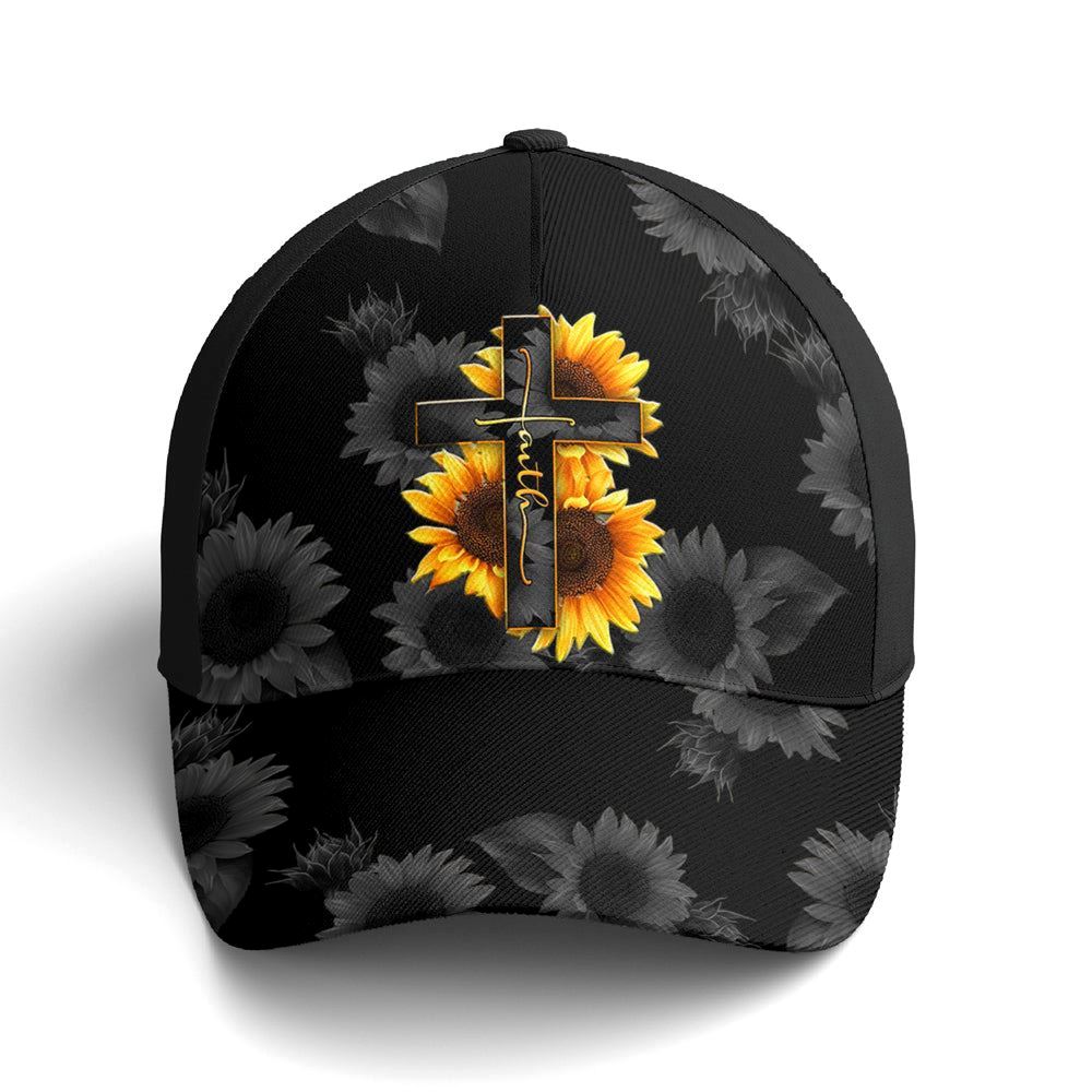 Sunflower Faith Floral Black Baseball Cap Hat  Trucker Hats Custom Hats Gifts For Men & Women