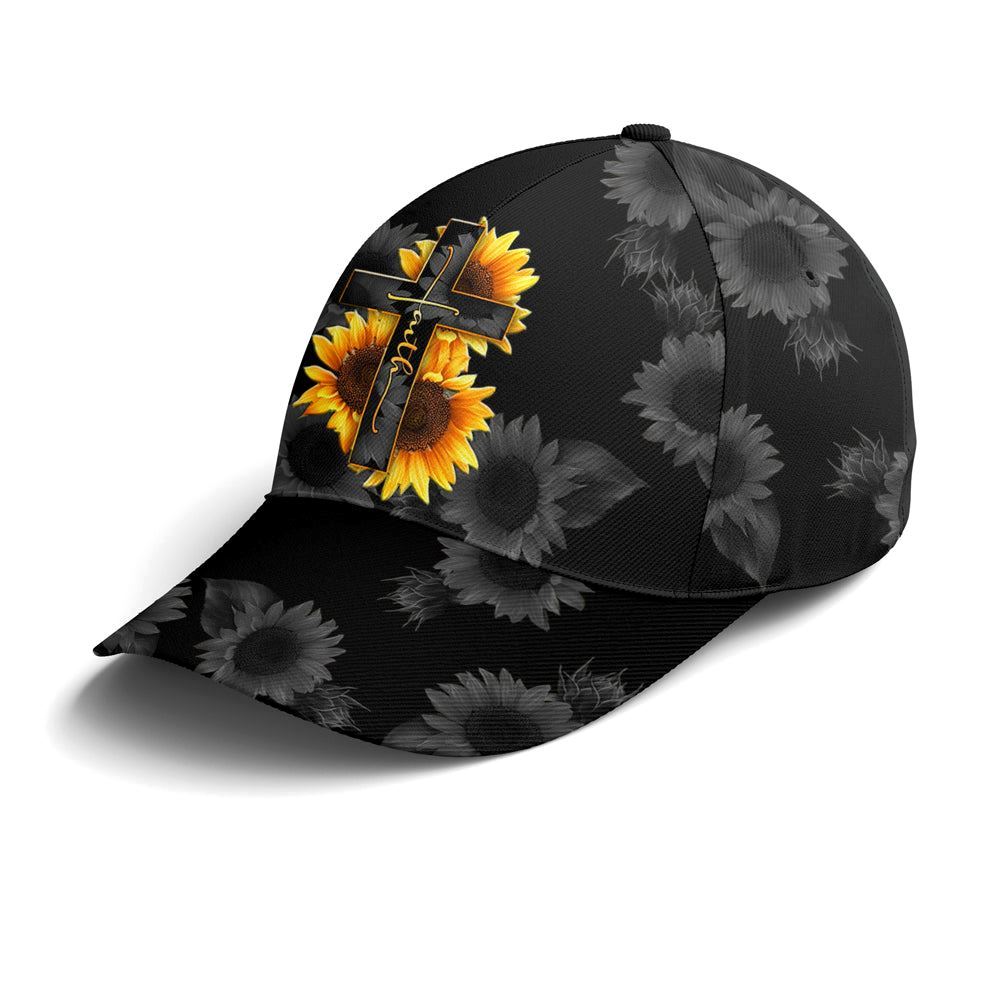Sunflower Faith Floral Black Baseball Cap Hat  Trucker Hats Custom Hats Gifts For Men & Women