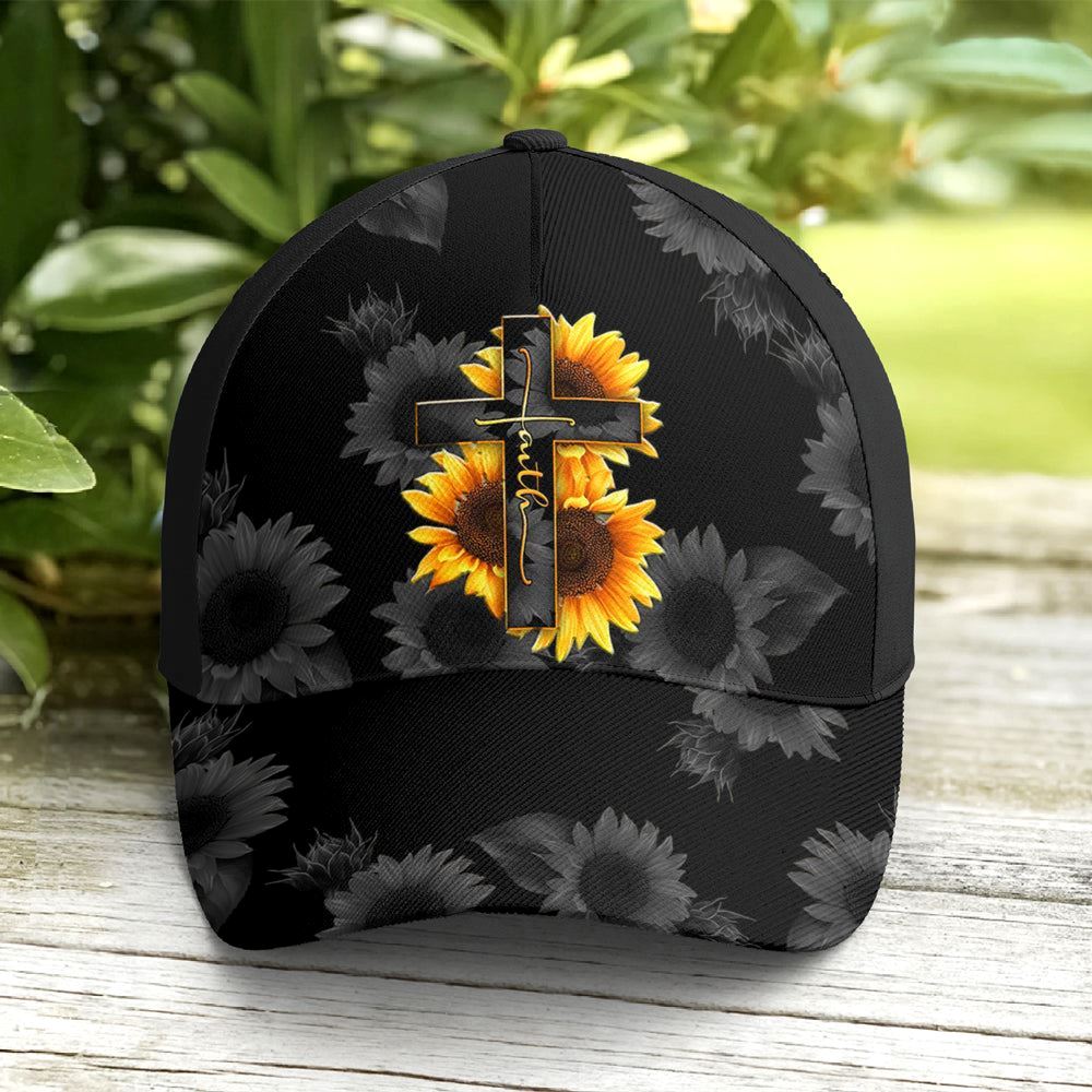 Sunflower Faith Floral Black Baseball Cap Hat  Trucker Hats Custom Hats Gifts For Men & Women