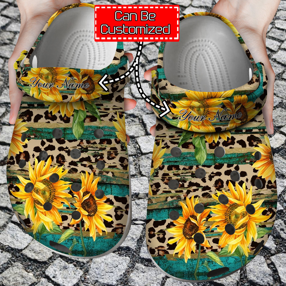 Sunflower Print - Rustic Sunflower Tea Wood Leopard Clog Shoes For Men And Women
