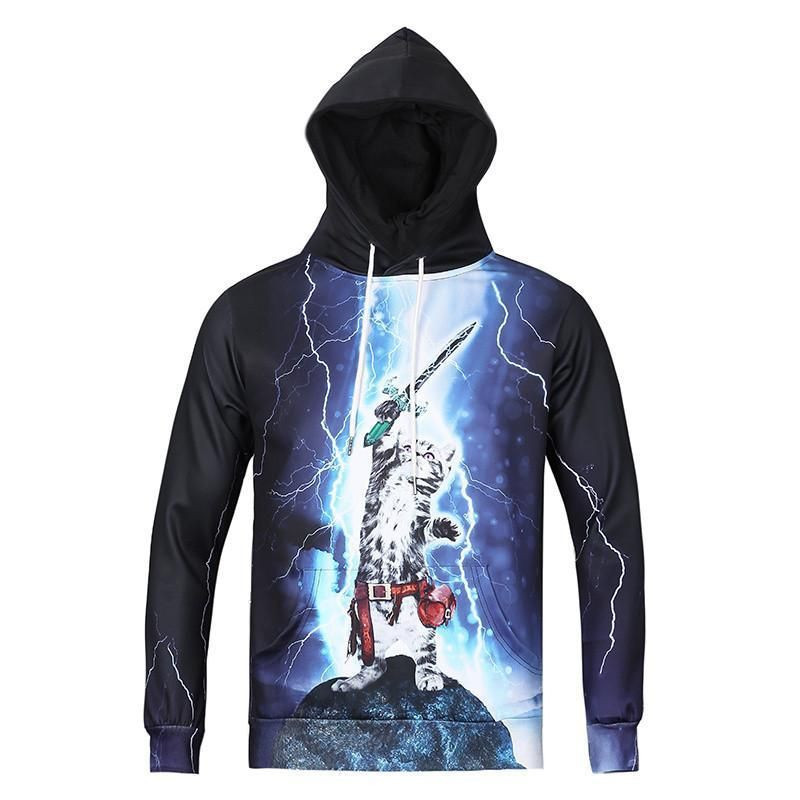 Super Cat Warrior All Over Print Hoodie, Zip Hoodie Lighting Cat Hero Blue & Black 3D All Over Print Hoodie, Zip Hoodie
