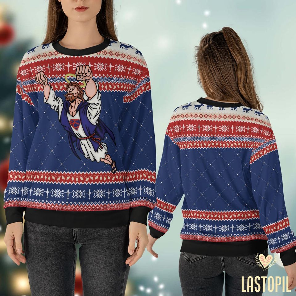 Super Jesus Christmas Ugly Sweater, Jesus Saves Ugly Sweater - Image 3