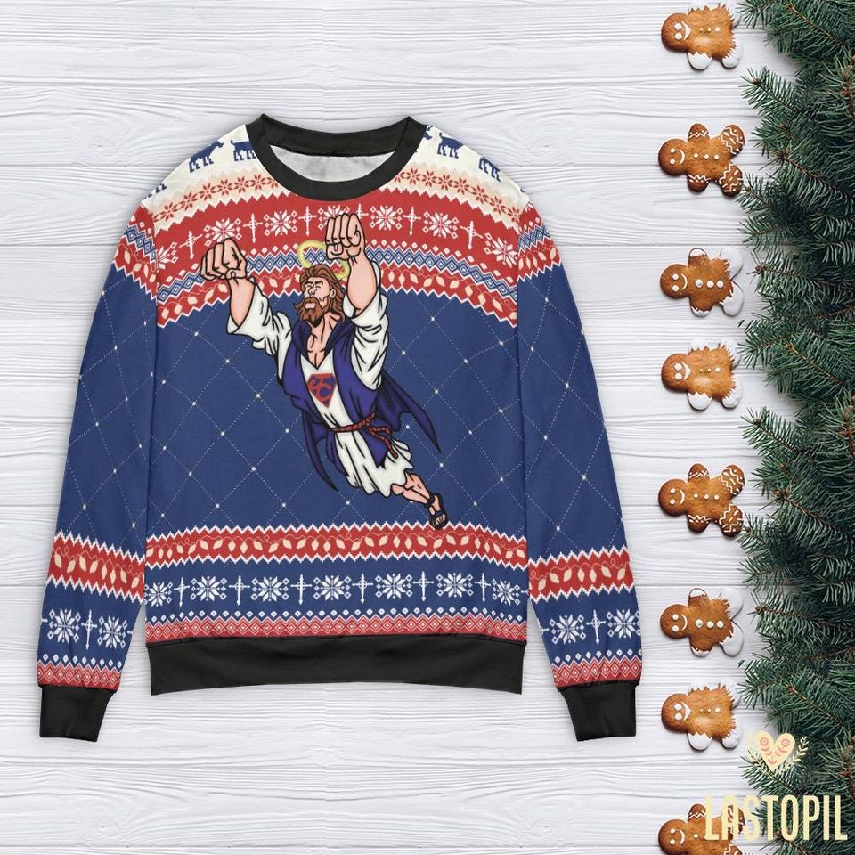 Super Jesus Christmas Ugly Sweater, Jesus Saves Ugly Sweater - Image 5