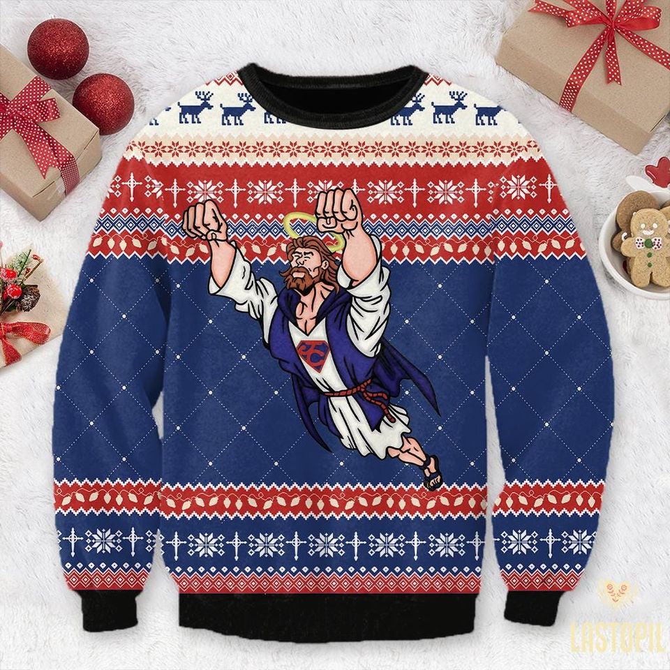 Super Jesus Christmas Ugly Sweater, Jesus Saves Ugly Sweater - Image 2