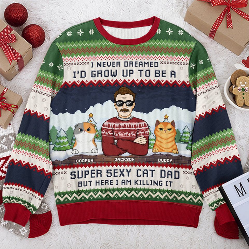Super Sexy Cat Dad Xmas Father Gift Personalized Custom Unisex Wool Ugly Christmas Sweatshirt