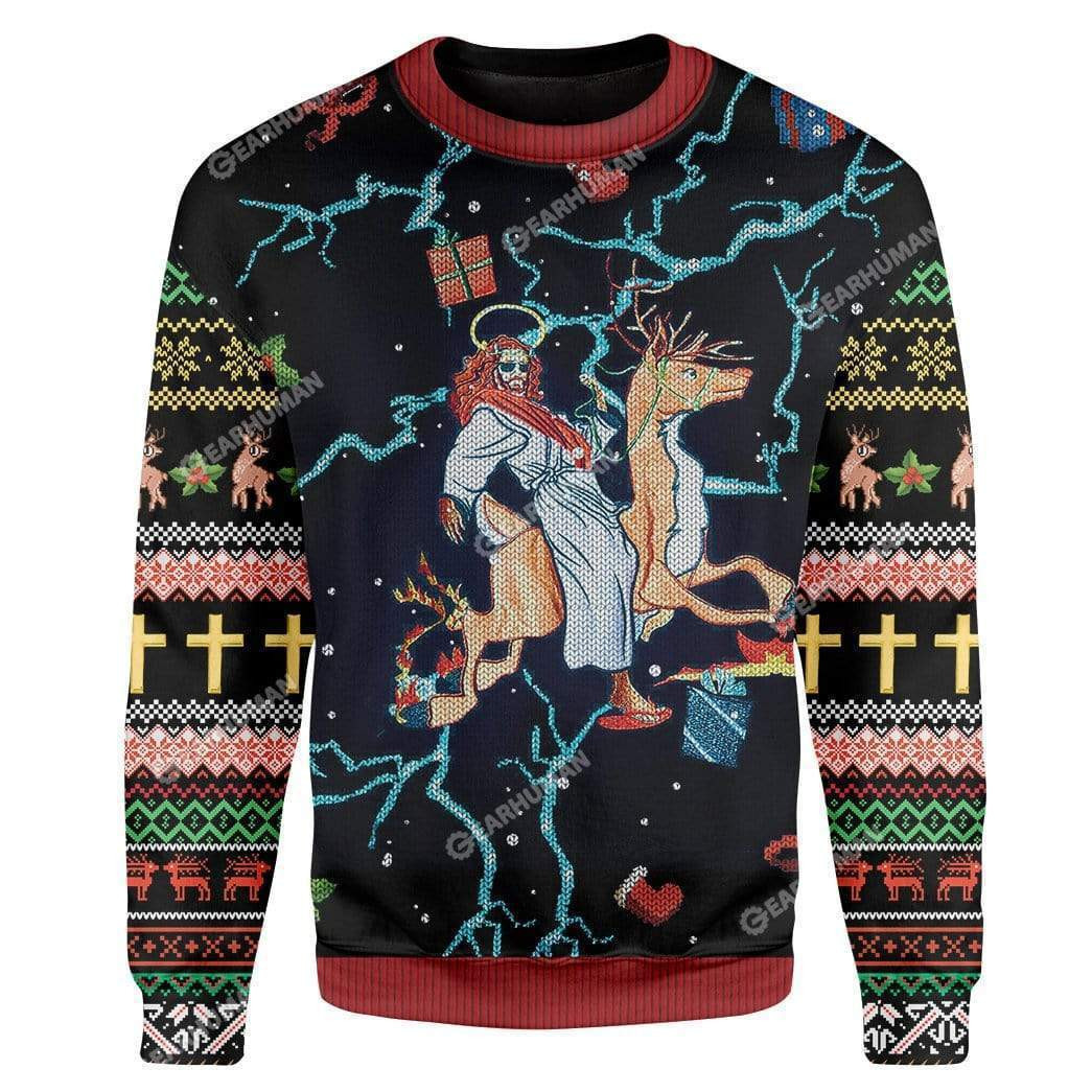 Swag Jesus Rides Reindeer Ugly Christmas Sweater Adult 3D Funny Matching for family