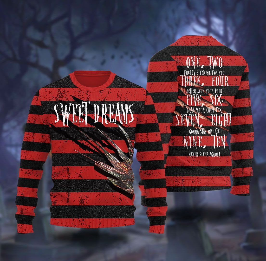 Sweet Dreams One Two Freddy Is Coming Ugly Christmas Sweater Adult 3D Funny Matching for family