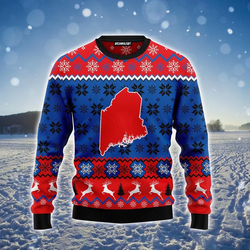 Sweet Home Maine Ugly Sweater, Red & Blue Christmas Pattern Ugly Sweater For Men & Women