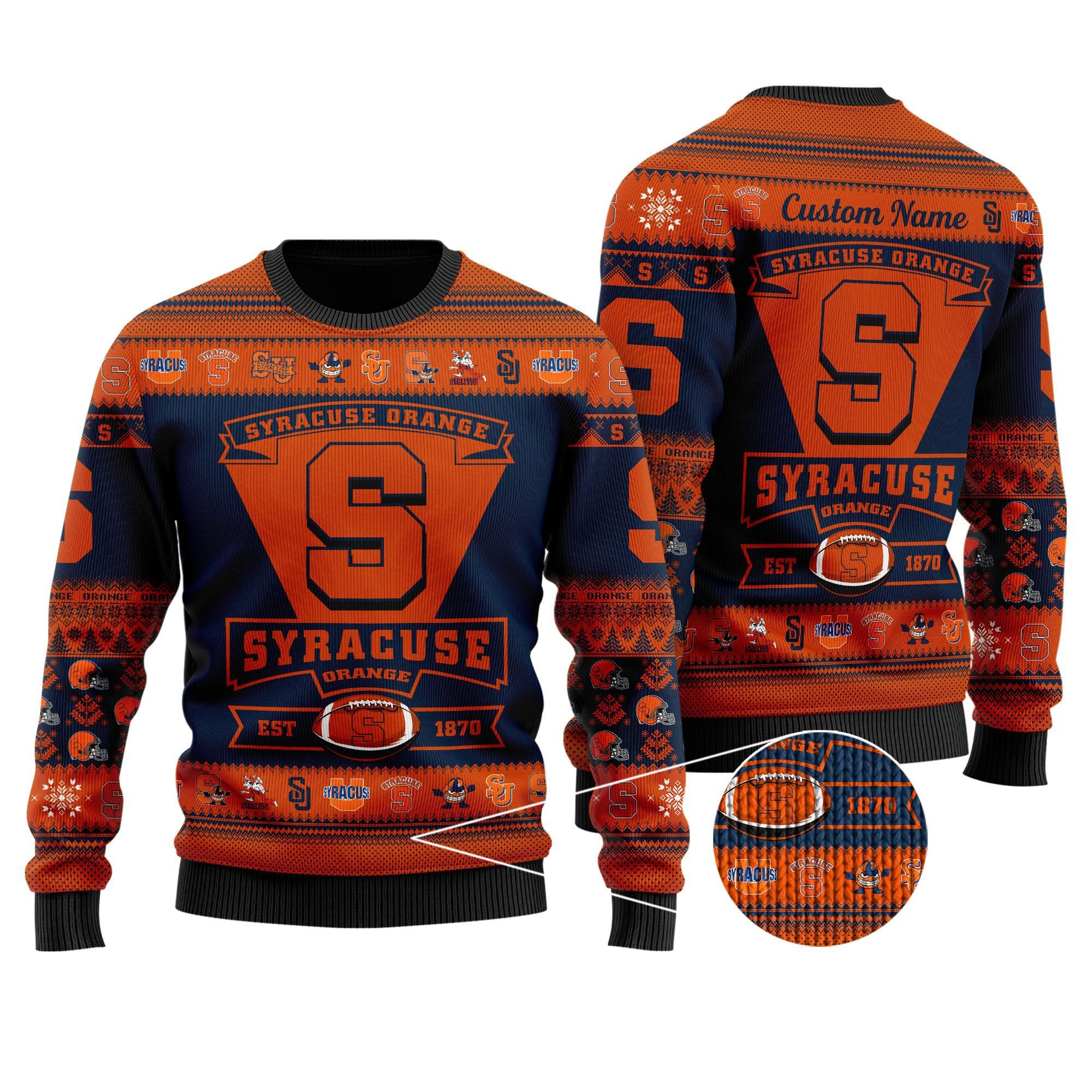 Syracuse Orange Football Team Logo Custom Name Personalized Ugly Christmas Sweater Adult 3D Funny Matching for family