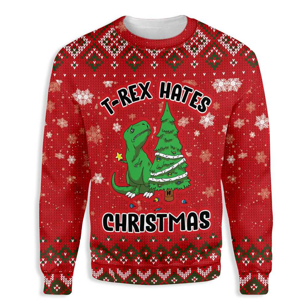 T-Rex Hates Ugly Christmas Sweater Adult 3D Funny Matching for family