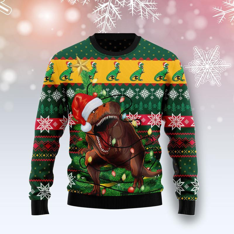 T-rex In Noel Tree Ugly Christmas Sweater Adult 3D Funny Matching for family