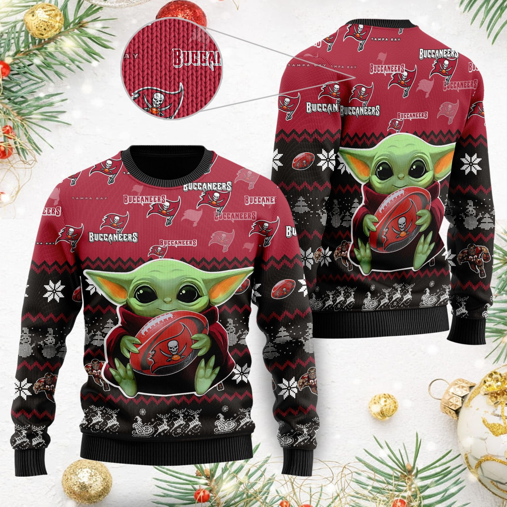 Tampa Bay Buccaneers Baby Yoda Shirt For American Football Fans Ugly Christmas Sweater Adult 3D Funny Matching for family