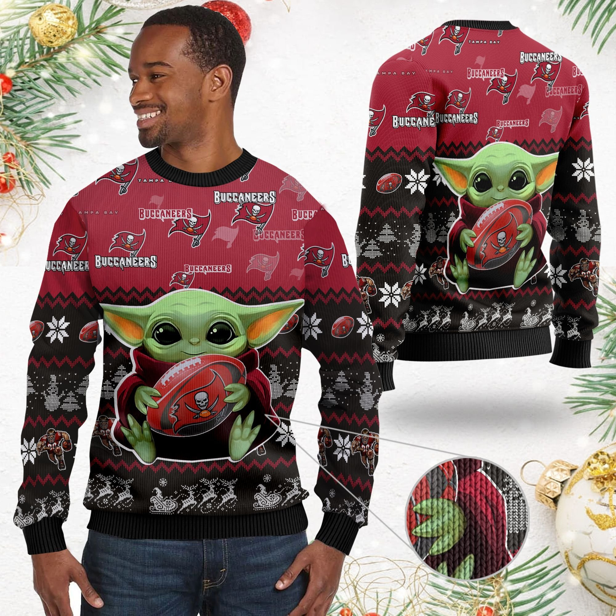 Tampa Bay Buccaneers Baby Yoda Ugly Christmas Sweater Adult 3D Funny Matching for family - Image 2
