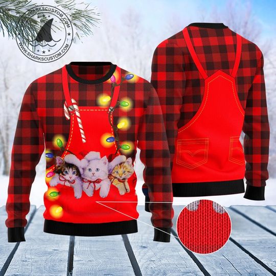 Tartan Cat Ugly Knitted Christmas Sweater - Image 4