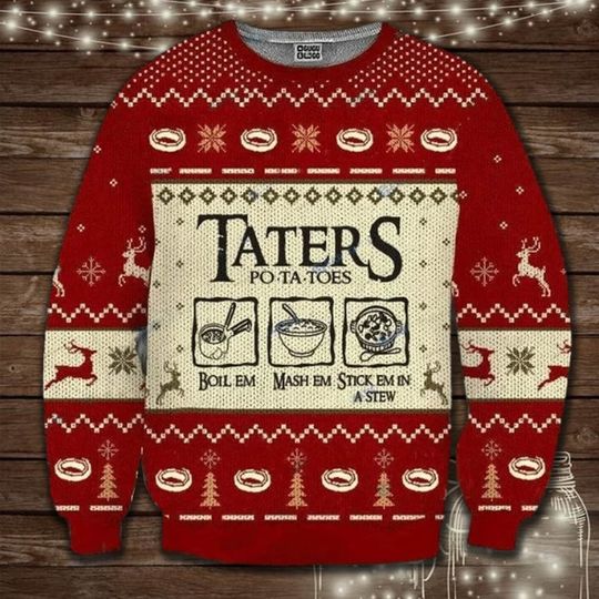 Taters Potatoes Red Ugly Christmas Sweater, Ugly Sweater 2023, Merry Christmas - Image 3