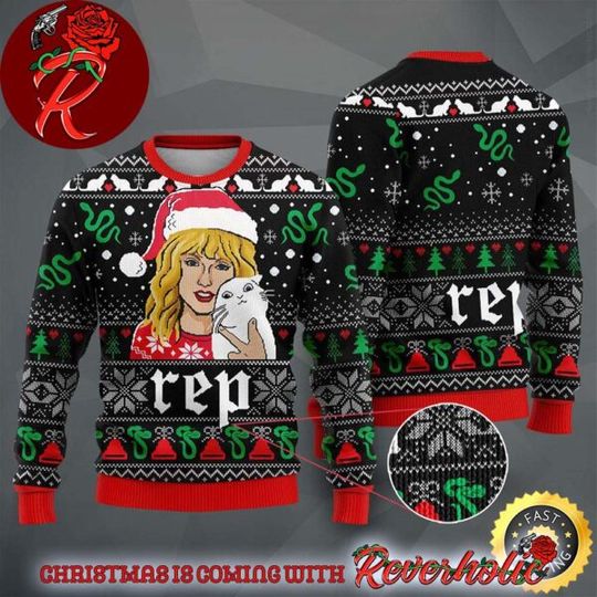 Taylor Reputation Santa Taylor Hug A Cat Merry Xmas Holiday 2024 Ugly Christmas Sweater - Image 2